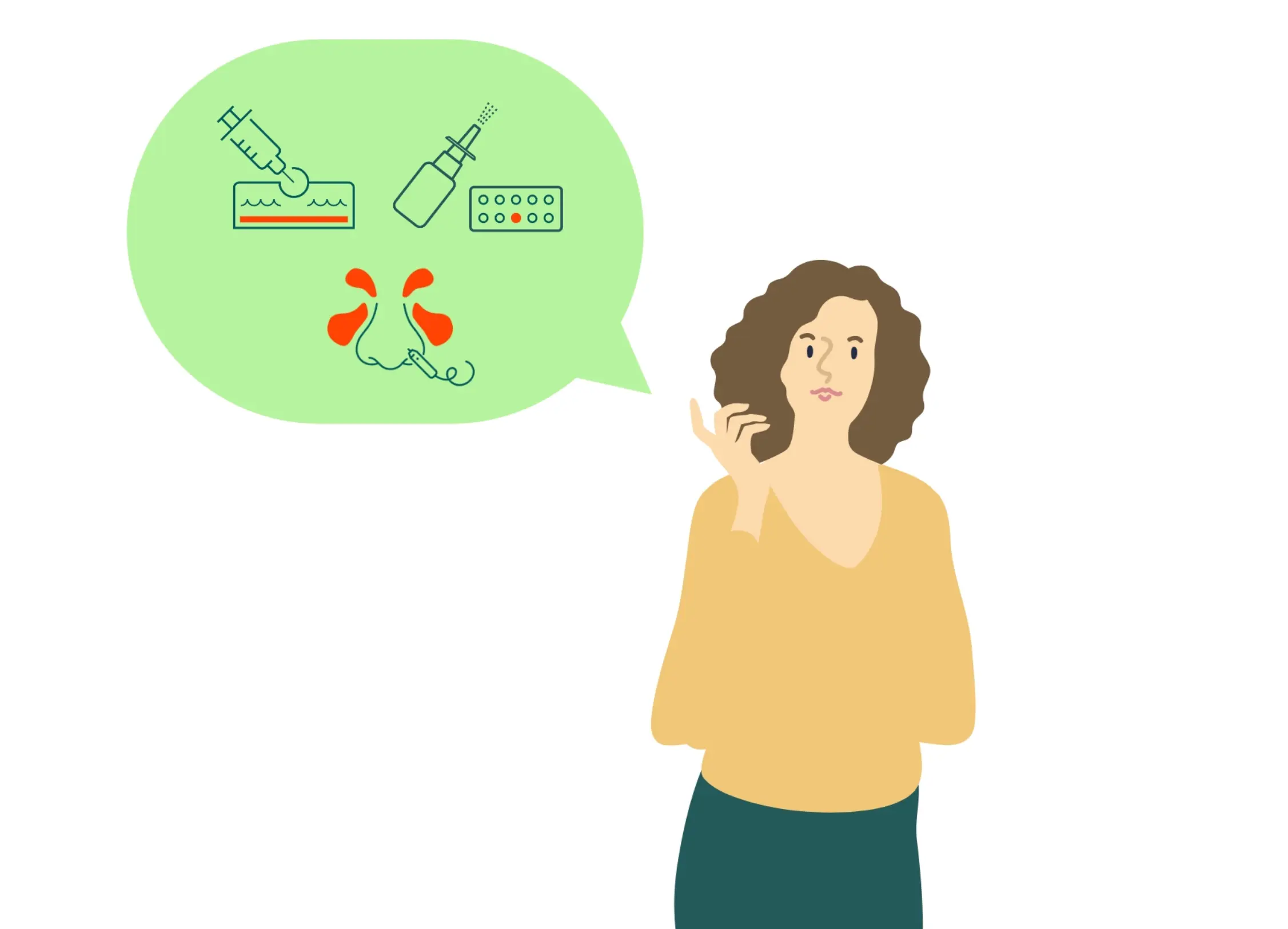 Illustration von einer Frau die über verschiedene mögliche Therapieformen nachdenkt.