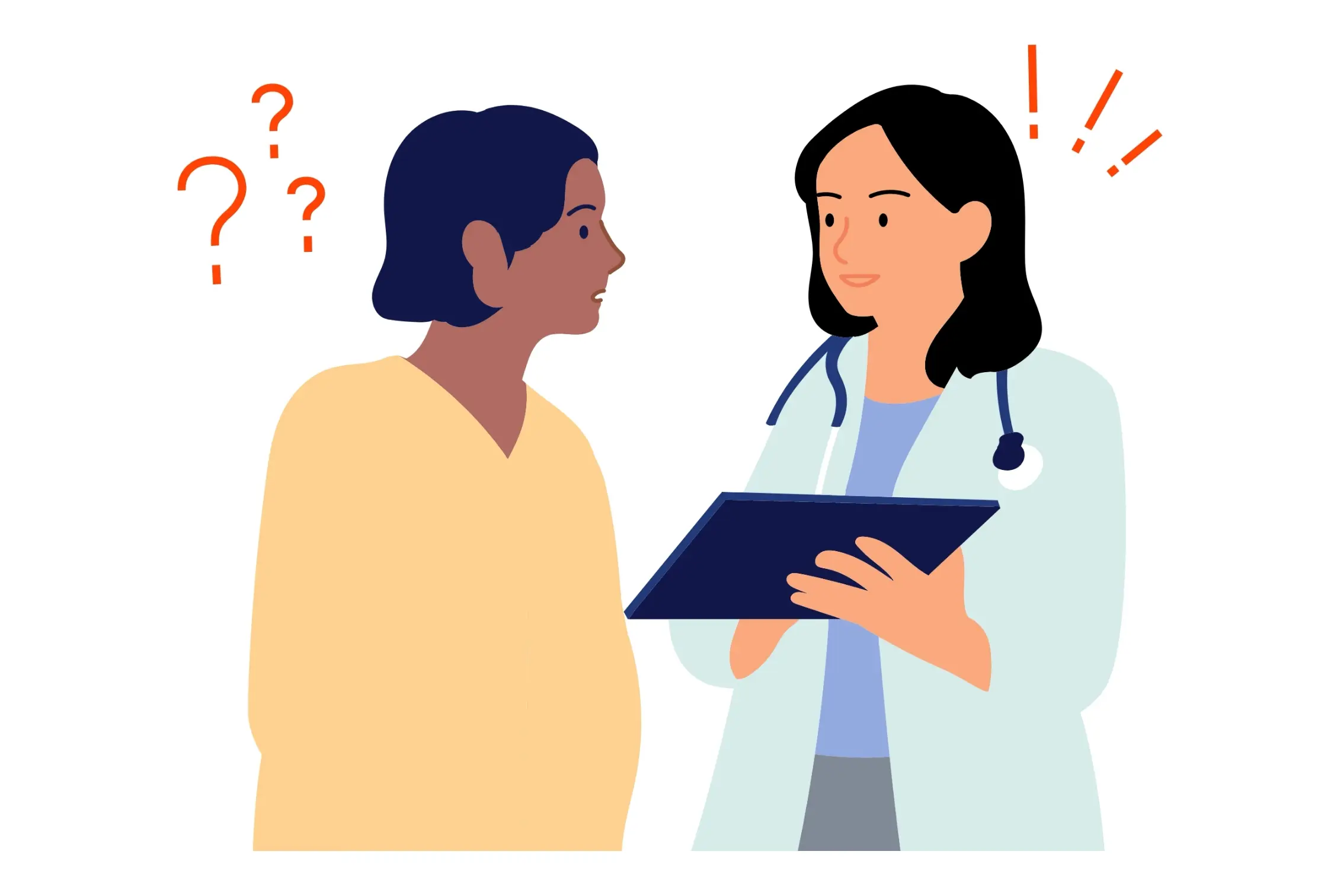 Illustration einer Ärztin, die die Fragen ihrer Patientin beantwortet.