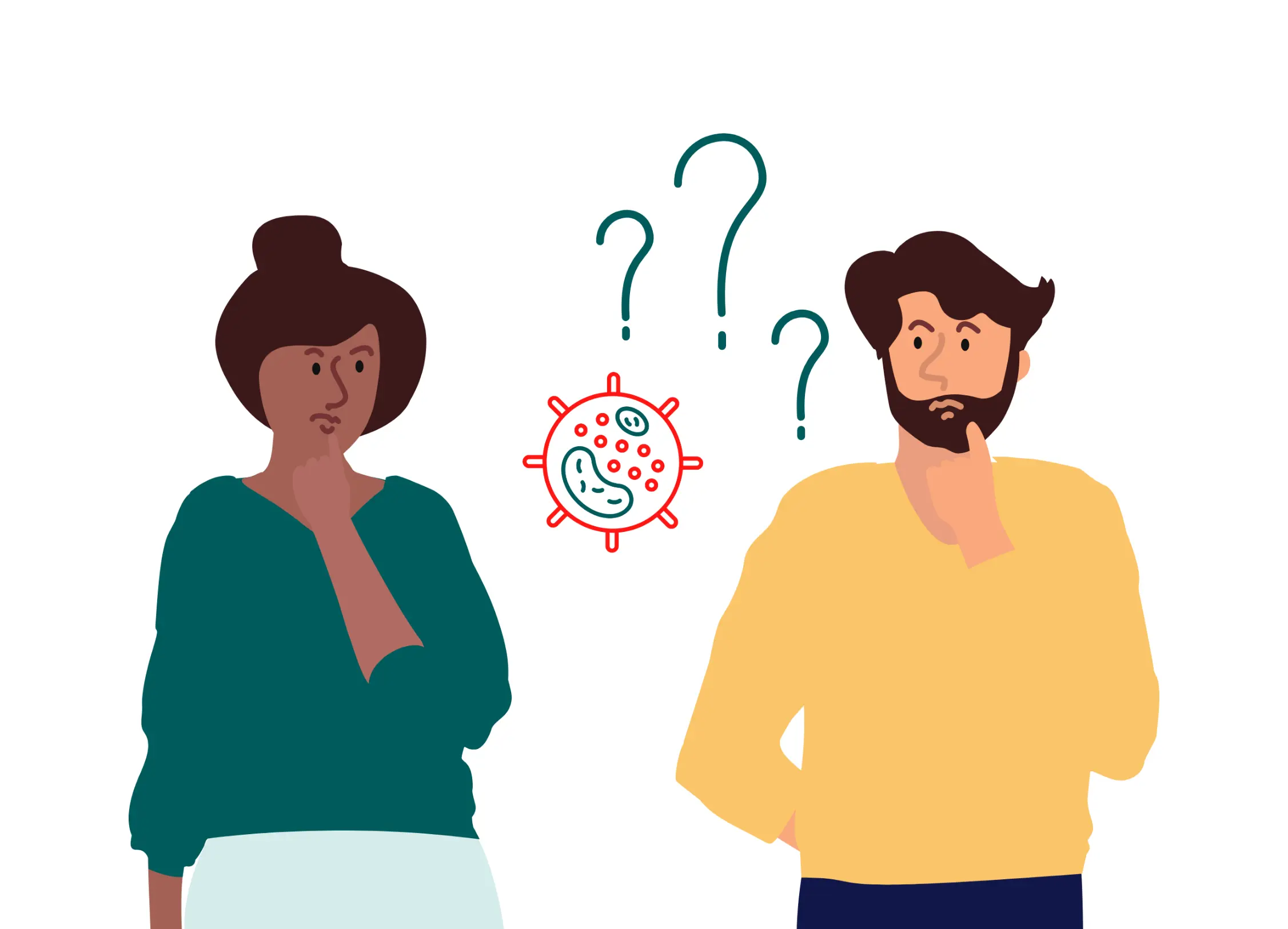 Illustration von einer Frau und einem Mann die sich über die Ursachen von chronischen Rhinosinusitis mit Nasenpolypen nachdenken.